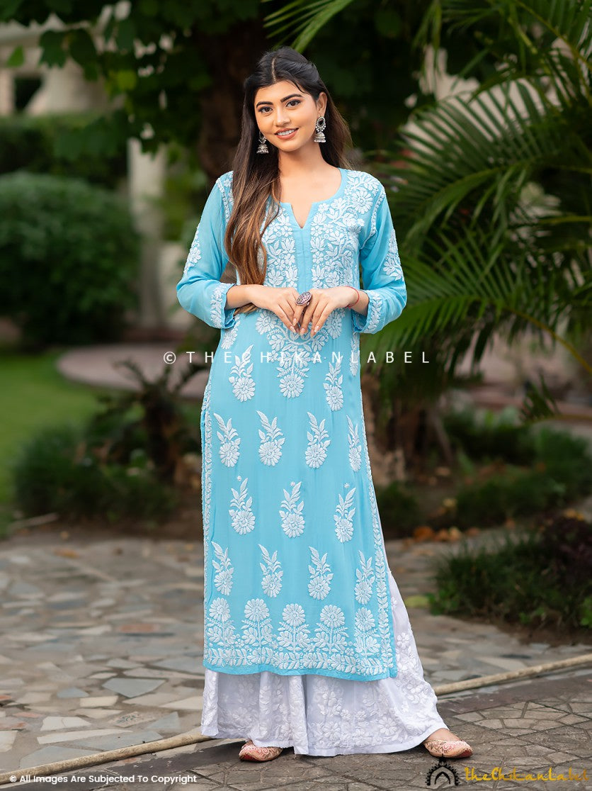 Buy Sky Blue & White Gala Boti Lucknowi Chikankari Casual Cotton Kurti  Online at Kiko Clothing